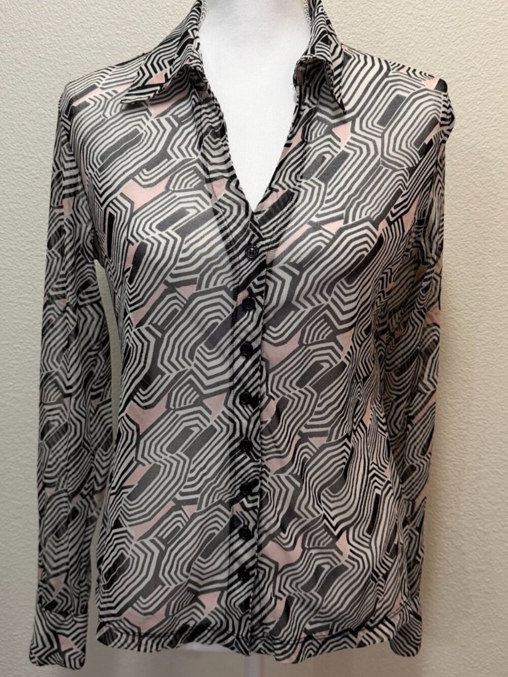 New York and Co black pink white sheer button down long sleeve blouse, medium
